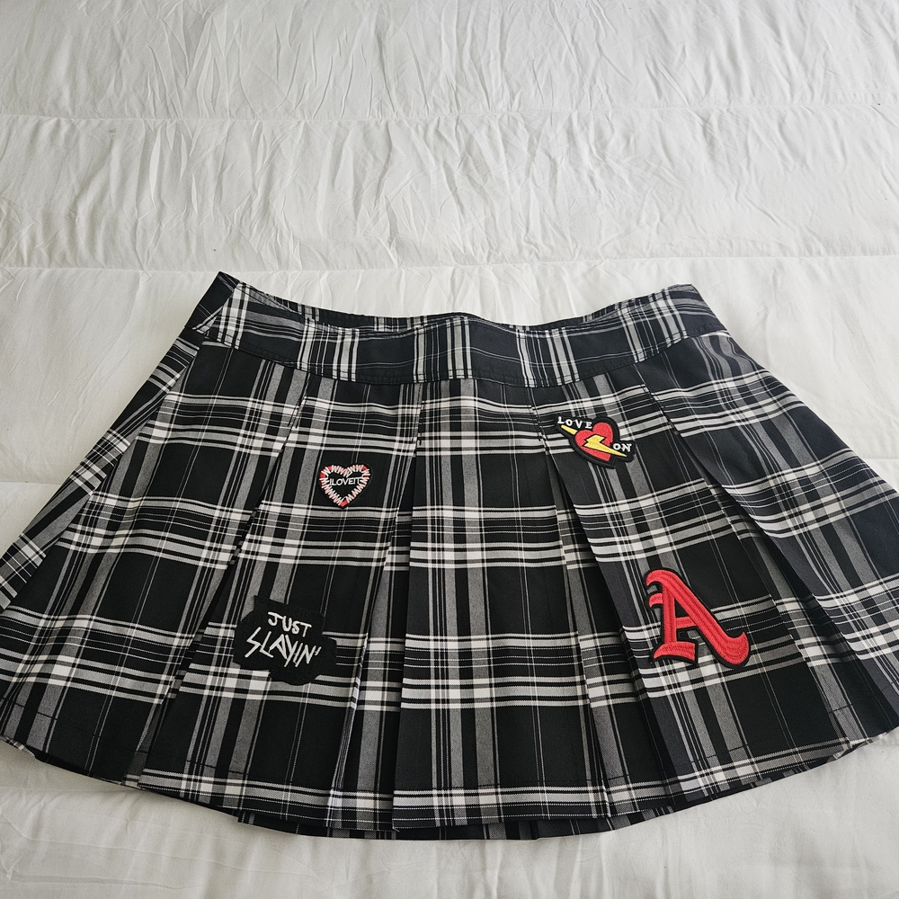 No Boundaries Black and White Plaid Skater Skirt with Patches